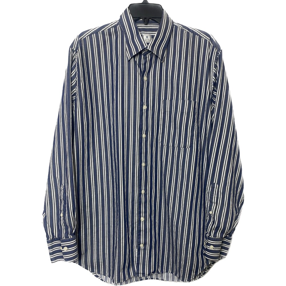 Peter Millar Long Sleeve Button Down Blue Grey White Striped Shirt Size Large